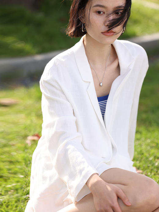 HeyDress白色亚麻西装外套女夏季法式宽松慵懒感休闲薄上衣 商品图1