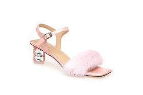 豪麟名鞋奥莱迪嘉女鞋凉鞋貂毛+牛移膜革DJYYA31WL018粉色  原价1960元