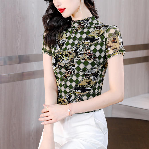 夏季新款，半高领短袖T恤女网眼弹力桑蚕丝印花打底衫上衣KQL-326H2181 商品图2
