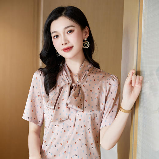 真丝短袖衬衫2023新款印花蝴蝶结飘带洋气桑蚕丝小衫上衣LS-3602 商品图3