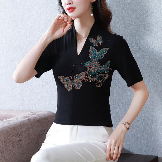 夏季新款，V领创意经典修身小众简约烫钻半袖T恤百搭大码打底衫KQL-D46M9992 商品图2