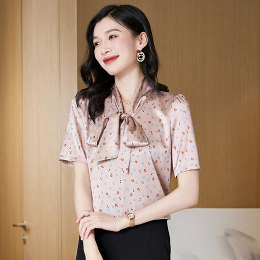 真丝短袖衬衫2023新款印花蝴蝶结飘带洋气桑蚕丝小衫上衣LS-3602 商品图0