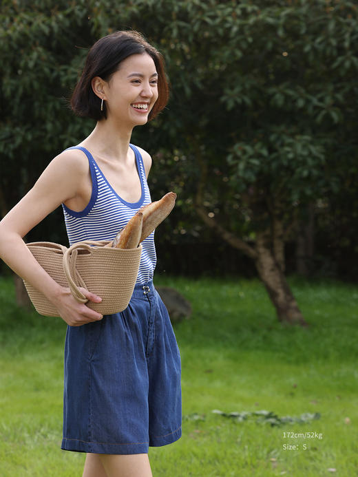 HeyDress撞色条纹吊带背心女夏季法式复古大圆领两穿短款坎肩上衣 商品图2