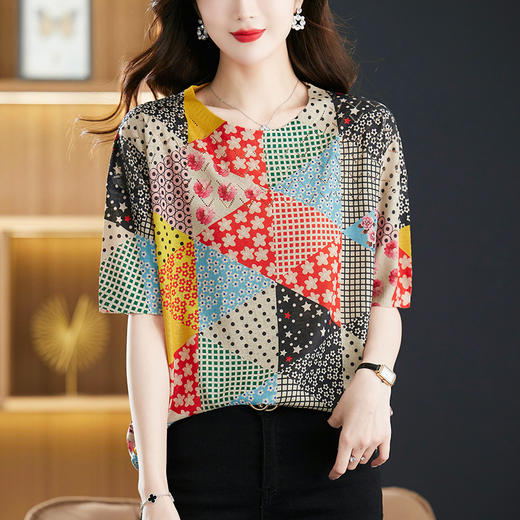 时尚印花，中年妈妈夏装短袖t恤薄款针织衫宽松大码女装遮肚上衣CC-5-5259 商品图3