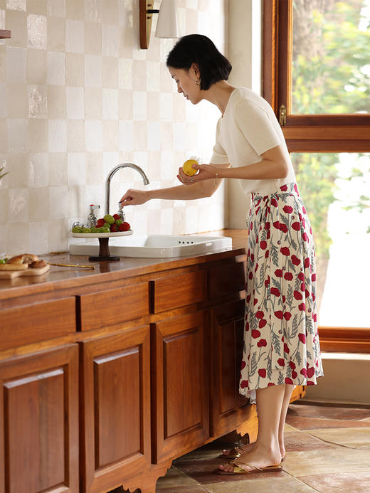 HeyDress虞美人印花半身裙女夏季法式高腰系带设计感浪漫碎花半裙 商品图2