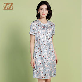 佐尔美夏季新款 弹力桑蚕丝真丝短袖碎花连衣裙女E22LS34