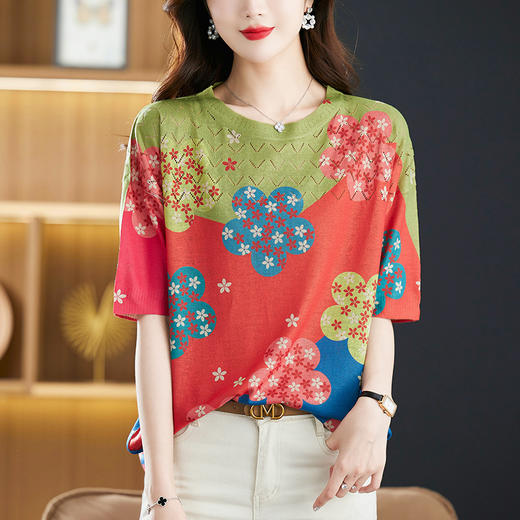 时尚印花，中年妈妈夏装短袖t恤薄款针织衫宽松大码女装遮肚上衣CC-5-5259 商品图0