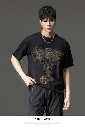PINLI品立2023夏季新款纯棉男士体恤大象烫钻短袖T恤BG231111065