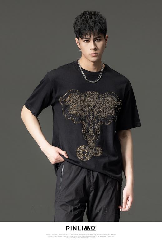 PINLI品立2023夏季新款纯棉男士体恤大象烫钻短袖T恤BG231111065 商品图0