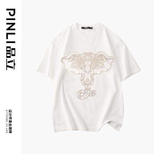 PINLI品立2023夏季新款纯棉男士体恤大象烫钻短袖T恤BG231111065 商品图4