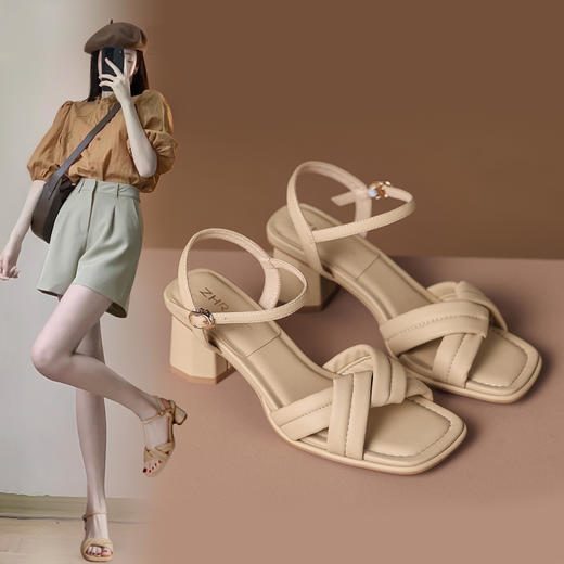 ZHR温柔复古凉鞋女2023新款时尚粗跟高跟鞋一字带单鞋ins风鞋 商品图1