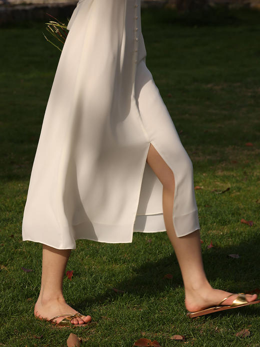 HeyDress法式V领连衣裙女夏季复古收腰开叉垂感白色气质初恋裙子 商品图1