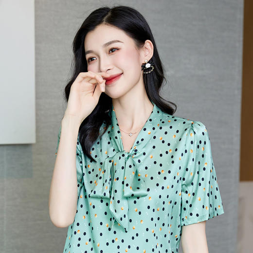 真丝短袖衬衫2023新款印花蝴蝶结飘带洋气桑蚕丝小衫上衣LS-3602 商品图5