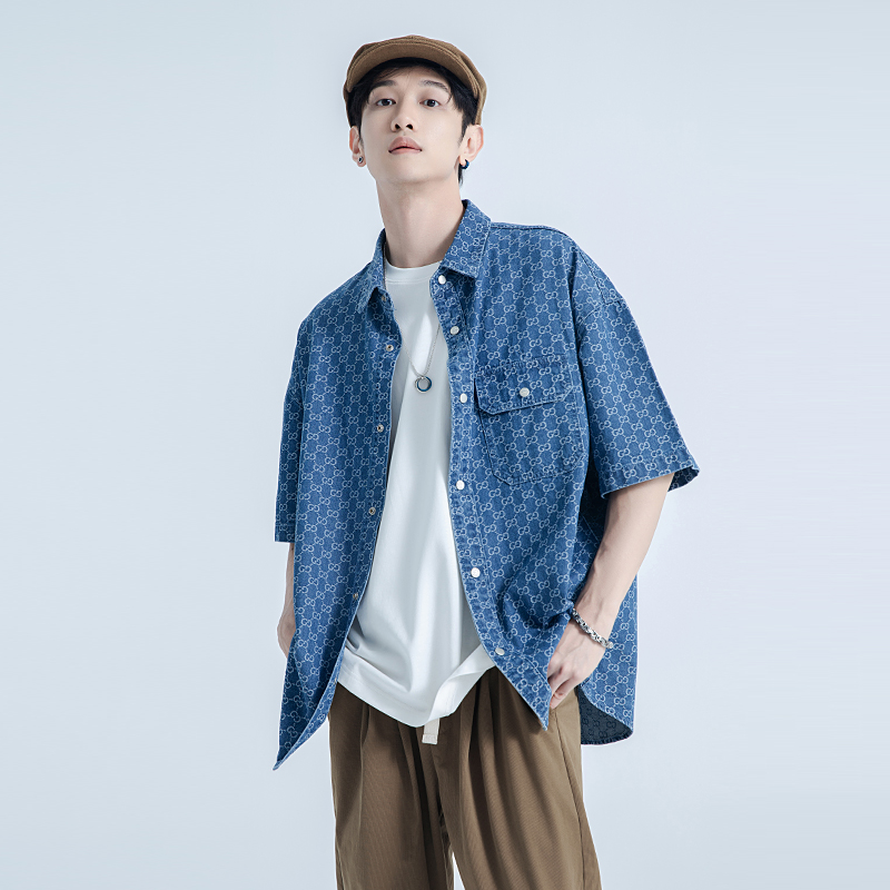 【断码清仓】HX 春夏季水洗牛仔短袖衬衫/Z103320021101