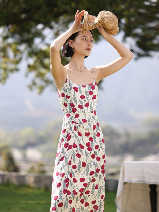 HeyDress虞美人印花吊带连衣裙女夏季法式复古抽褶碎花裙浪漫裙子 商品图3