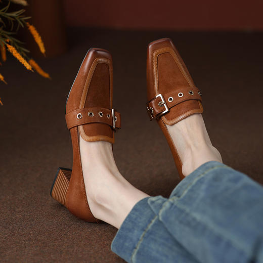 粗跟方头中口四季单鞋，中跟女鞋乐福鞋YX-A832 商品图2