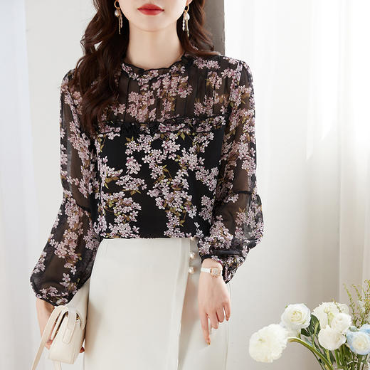 洋气碎花雪纺女士衬衫，遮肉显瘦长袖衬衣KQL-451H2181 商品图4