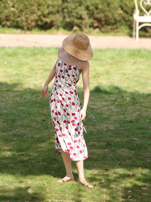 HeyDress虞美人印花吊带连衣裙女夏季法式复古抽褶碎花裙浪漫裙子 商品图0