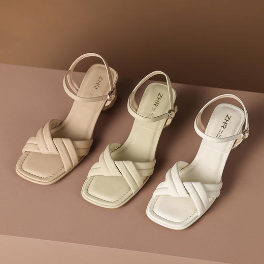 ZHR温柔复古凉鞋女2023新款时尚粗跟高跟鞋一字带单鞋ins风鞋 商品图3