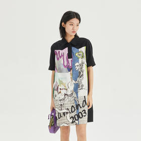 谜底连衣裙短袖2023夏款特色印花宽松显瘦中长款直筒裙236ML7095