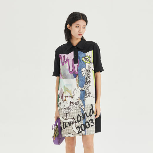 谜底连衣裙短袖2023夏款特色印花宽松显瘦中长款直筒裙236ML7095 商品图0