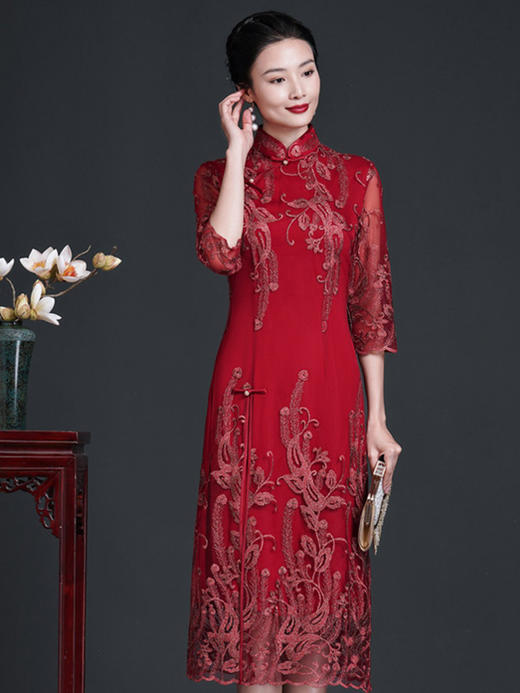 BLH2208-2喜婆婆妈妈装春季蕾丝中袖改良旗袍修身A摆 日常宴会红装礼服文艺 商品图2