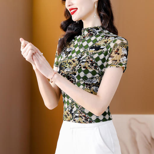 夏季新款，半高领短袖T恤女网眼弹力桑蚕丝印花打底衫上衣KQL-326H2181 商品图1