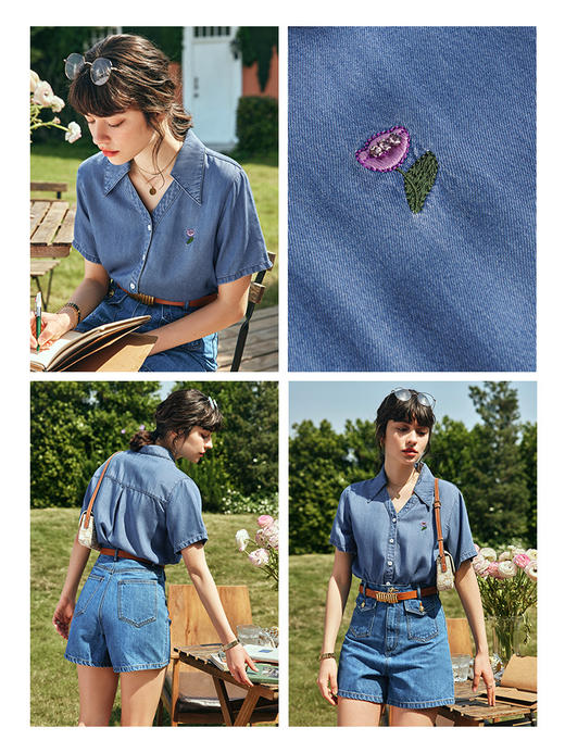 OLrain欧芮儿法式牛仔衬衫女春季2023年新款宽松时尚刺绣薄款衬衣 商品图2