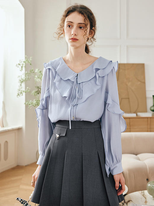 OLrain欧芮儿法式纯色蕾丝雪纺衫女春季2023年新款荷叶边V领小衫 商品图0