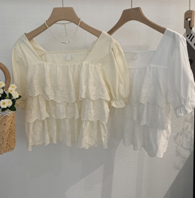 【好物推荐】欧玛莱 夏季韩版甜美荷叶边方领泡泡短袖纯色衬衫