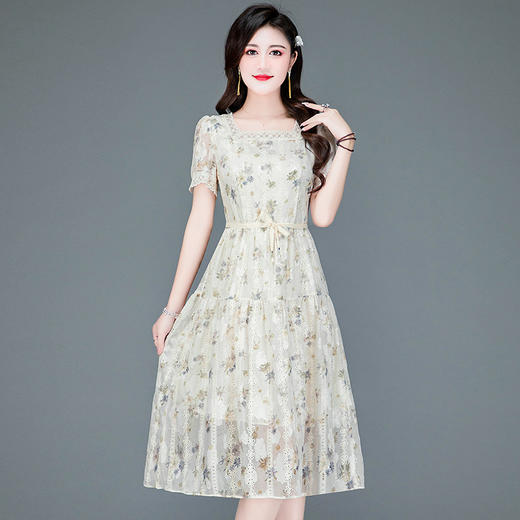 QYM H23A076-Y印花连衣裙蕾丝拼结中长裙时尚气质大摆裙 商品图1