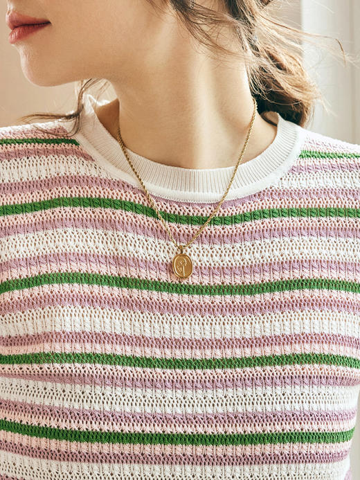 OLrain欧芮儿法式条纹针织衫女春季2023年新款时尚拼色短袖套头衫 商品图1