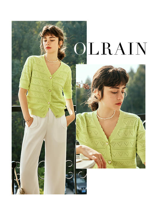 OLrain欧芮儿法式浅绿色针织开衫女夏季2023新款修身爱心提花上衣 商品图0