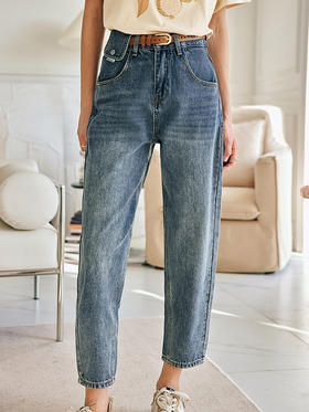 OLrain欧芮儿法式九分牛仔裤女春季2023年新款高腰直筒阔腿烟管裤