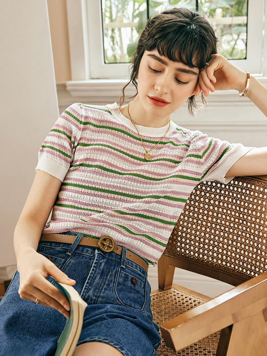OLrain欧芮儿法式条纹针织衫女春季2023年新款时尚拼色短袖套头衫 商品图0