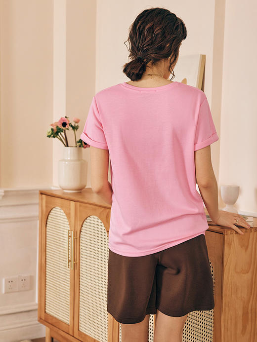 OLrain欧芮儿法式粉色短袖T恤女春季2023年新款宽松刺绣别致上衣 商品图2