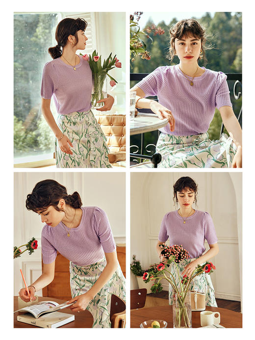 OLrain欧芮儿法式紫色针织衫女夏季2023新款宽松显瘦泡泡袖套头衫 商品图1