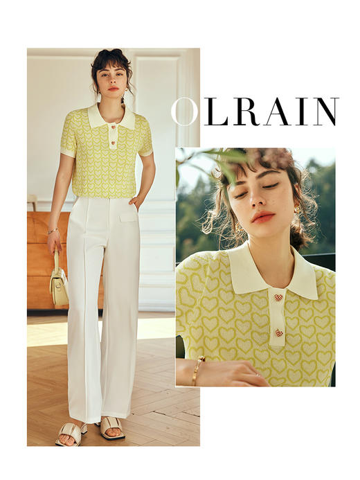 OLrain欧芮儿法式polo领针织衫女夏季2023新款宽松爱心提花套头衫 商品图0