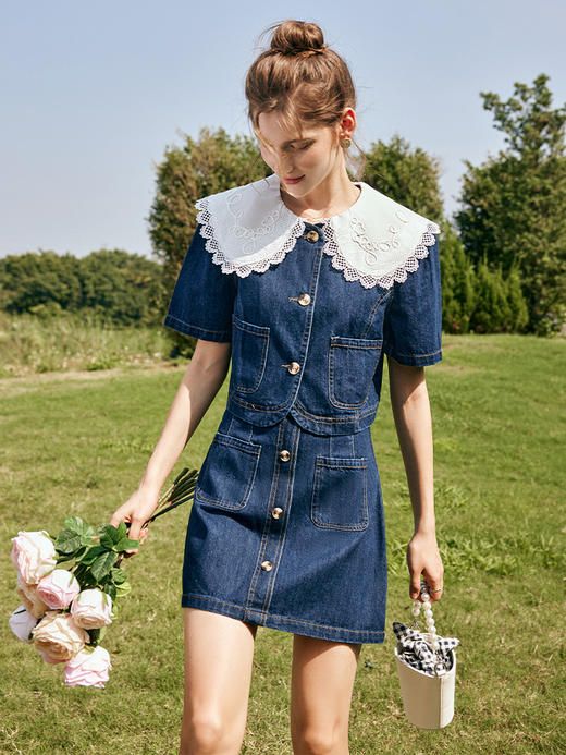 OLrain欧芮儿法式牛仔时尚套装女春季2023年新款外套半身裙两件套 商品图0