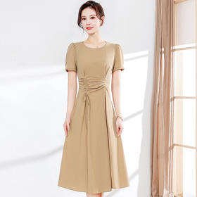 DD-2023年夏款中长款皱褶系带收腰时髦A字裙圆领短袖通勤气质连衣裙