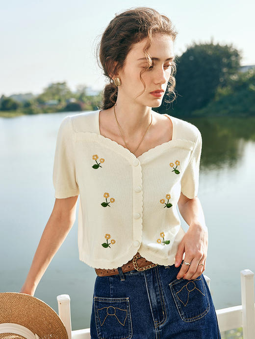 OLrain欧芮儿法式提花针织衫女春季2023年新款复古刺绣短款套头衫 商品图2