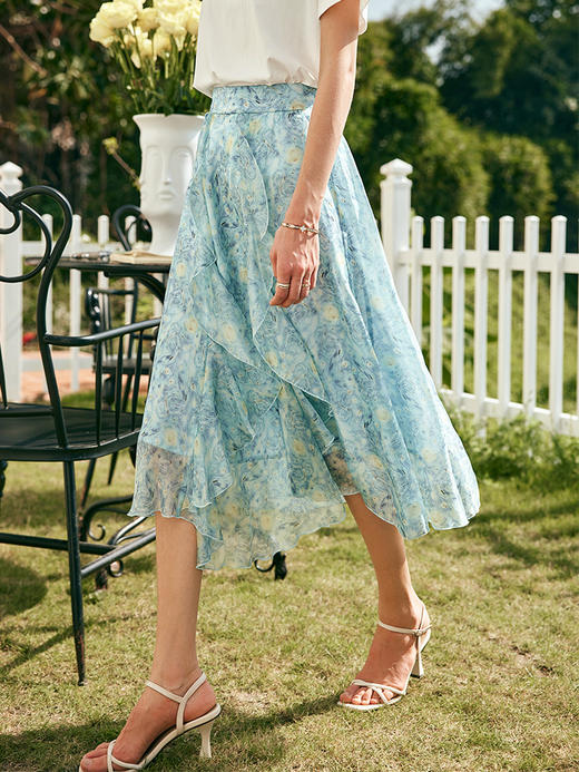 OLrain欧芮儿法式碎花雪纺半身裙女夏季2023新款高腰荷叶边伞摆裙 商品图0