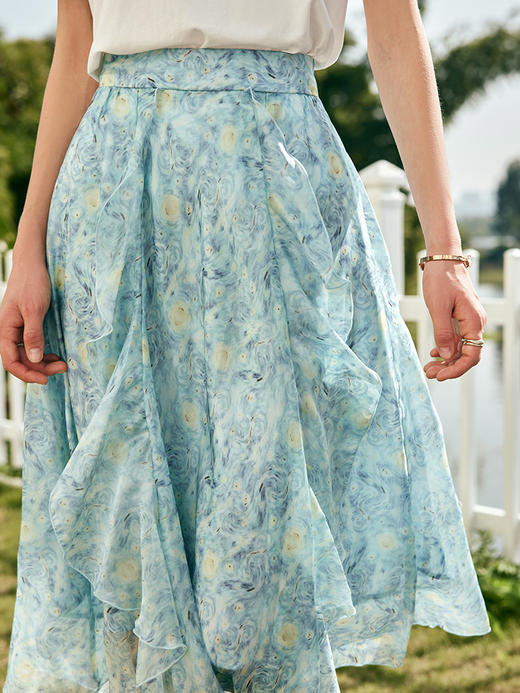 OLrain欧芮儿法式碎花雪纺半身裙女夏季2023新款高腰荷叶边伞摆裙 商品图1