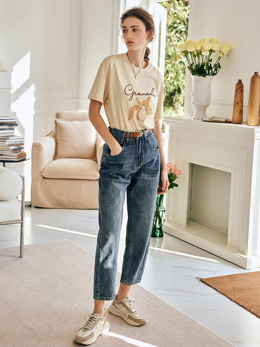 OLrain欧芮儿法式九分牛仔裤女春季2023年新款高腰直筒阔腿烟管裤 商品图3