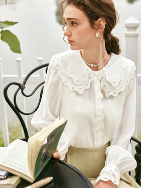 OLrain欧芮儿法式雪纺蕾丝衫女春季2023年新款刺绣翻领高级感上衣