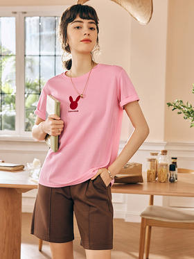 OLrain欧芮儿法式粉色短袖T恤女春季2023年新款宽松刺绣别致上衣