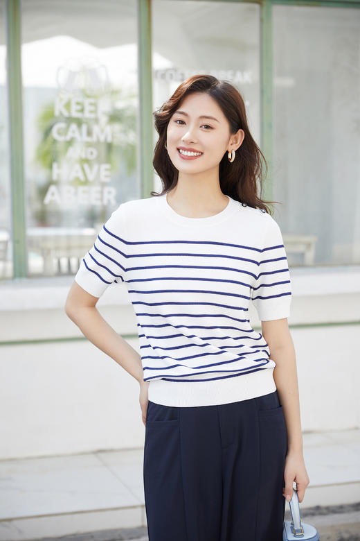 奇威【粘纤 84%】撞色条纹短袖T恤0DB05096 商品图11