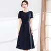DD-2023年夏款中长款皱褶系带收腰时髦A字裙圆领短袖通勤气质连衣裙 商品缩略图1