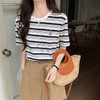 夏日穿搭【时尚百搭显瘦！】夏季2023新款宽松纯棉刺绣休闲半袖上衣 复古风条纹短袖T恤女 黑白条纹圆领短袖宽松小个子个性女装上衣潮 商品缩略图1