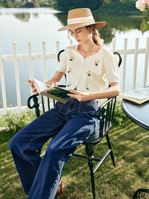 OLrain欧芮儿法式提花针织衫女春季2023年新款复古刺绣短款套头衫 商品图3